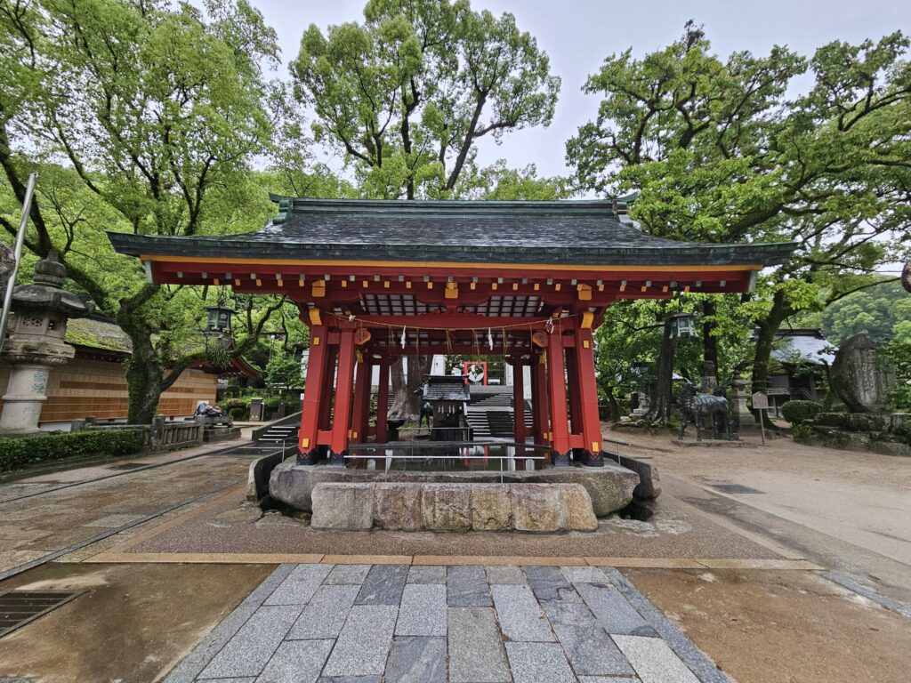 Temizuya (water purification pavilion) at Dazaifu Tenmangu Shrine before the Romon Gate