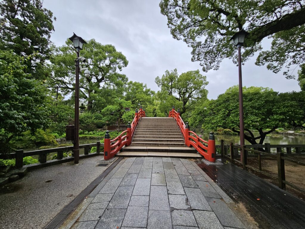 Dazaifu Tenmangu Shrine’s main approach and Taiko Bridge surrounded by trees
