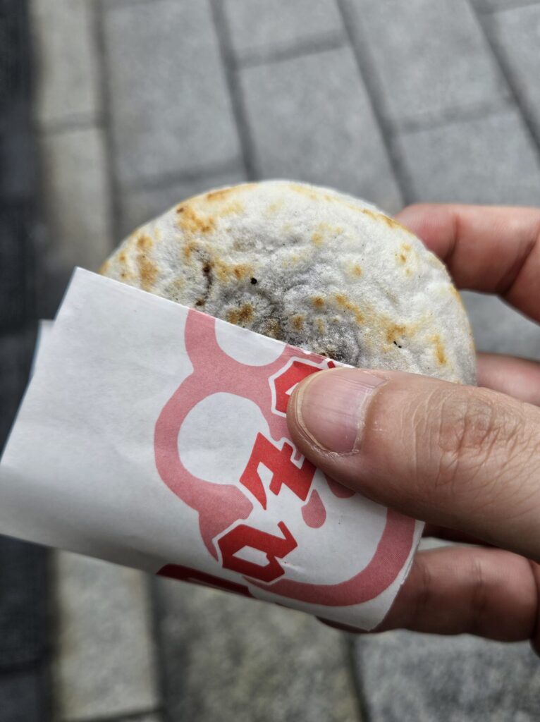 Close-up of a freshly hand-grilled Umegae Mochi from Kakuda Shoten, held in the right hand with its white paper wrapper — the golden toasted surface and gentle warmth capture the handmade charm of this Dazaifu classic.