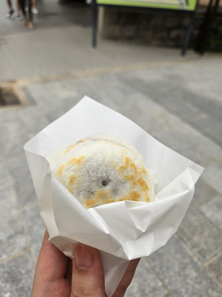 Close-up of a Umegae Mochi from Amagiya, held in the left hand with its white paper wrapper. The warmth of the freshly grilled mochi can almost be felt through the wrapper, evoking its toasty aroma and handmade charm.