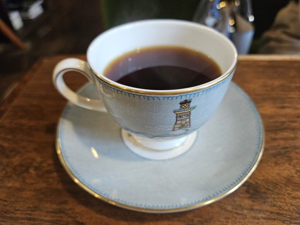 Cup of “Ume-Oji Blend,” a mild specialty coffee at Café Ran Kan near Dazaifu Tenmangu.