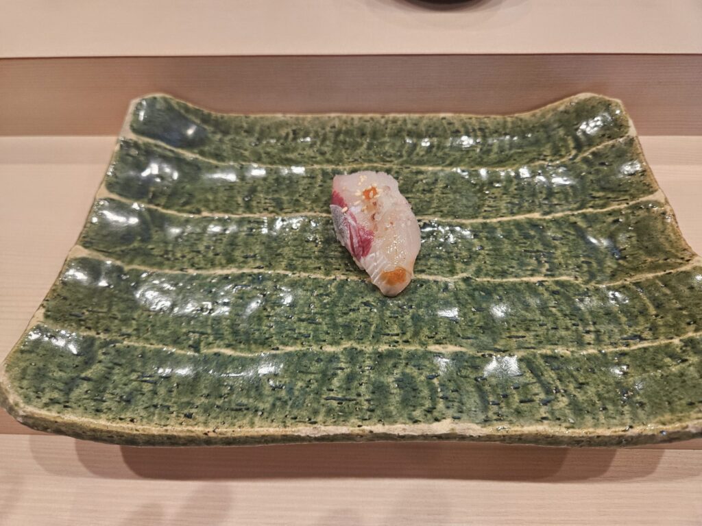 Kanpachi (amberjack) sushi topped with myoga ginger, served at Gin Sushi in Onojo, near Dazaifu.