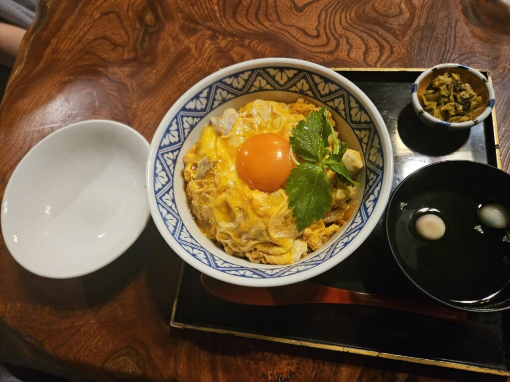 Hot oyakodon (chicken and egg rice bowl) from Namiman, a local restaurant near Dazaifu Tenmangu Shrine
