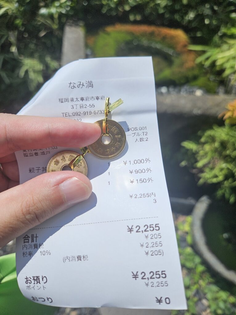 Two 5-yen coins, considered lucky offerings at Japanese shrines