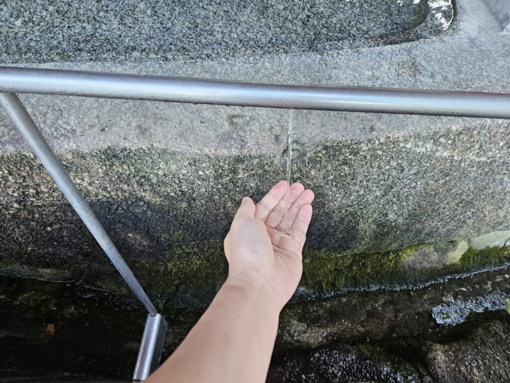 A visitor rinsing their left hand at the temizuya of Dazaifu Tenmangu Shrine