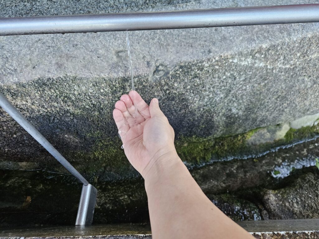 A visitor rinsing their right hand at the temizuya of Dazaifu Tenmangu Shrine