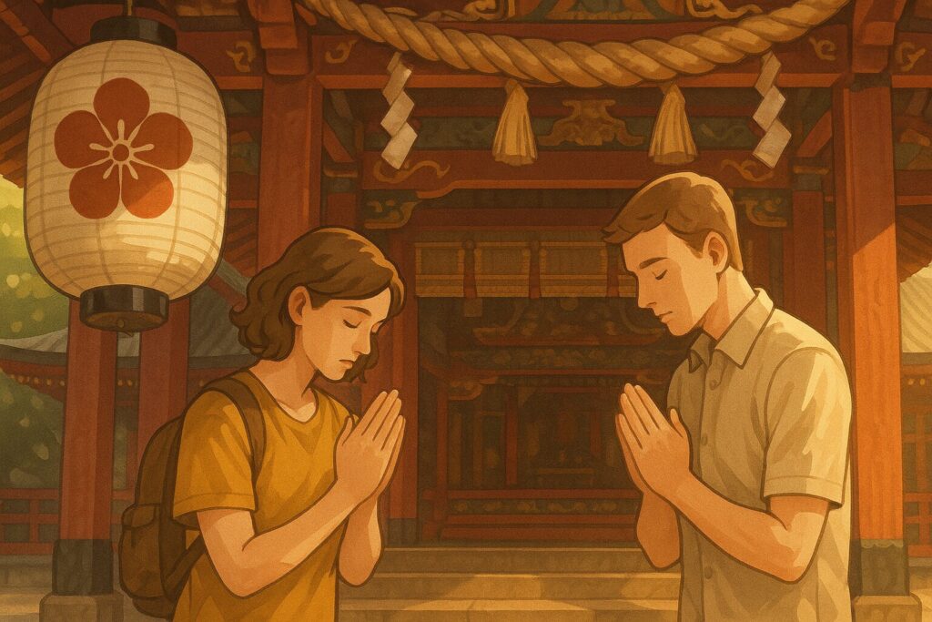 Illustration of a man and woman praying respectfully at a Shinto shrine