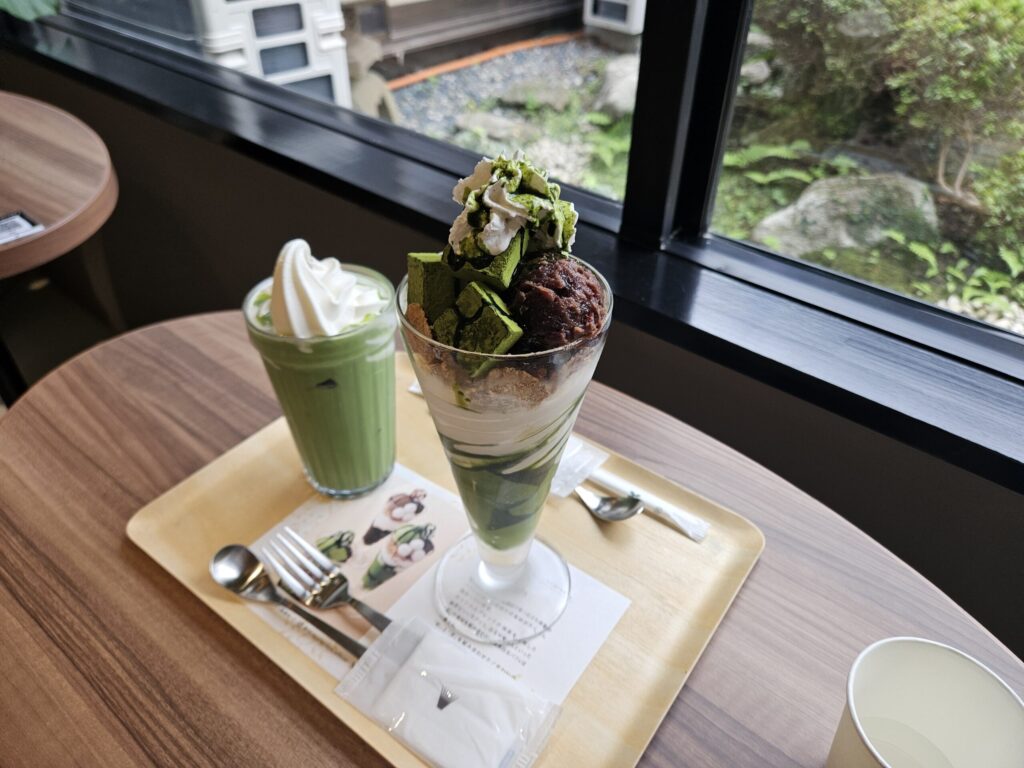 Matcha nama chocolate parfait and a medium-sized matcha soft serve latte at nana’s green tea Dazaifu Sando Café.