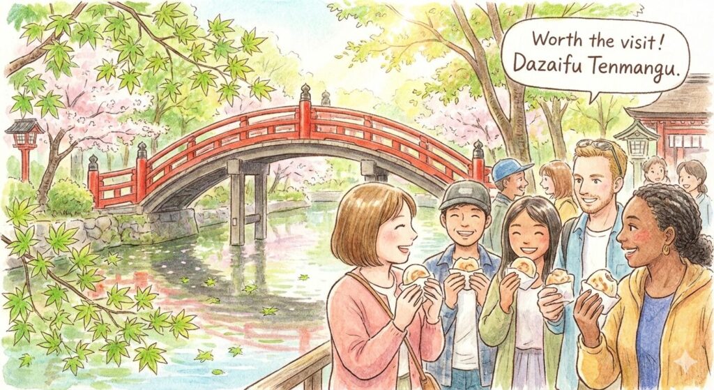 Illustration of international travelers enjoying a visit to Dazaifu Tenmangu near the Taiko Bridge.